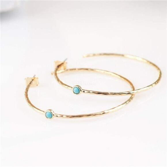 Gold Hoop Earrings Blue Turquoise Dainty Lightweight Hypoallergenic Boho Jewelry - Picture 5 of 8